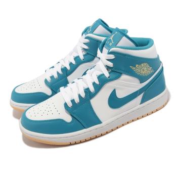 Nike 休閒鞋 Air Jordan 1 Mid 男鞋 藍 白 中筒 Aquatone 黃底 AJ1 喬丹 DQ8426-400