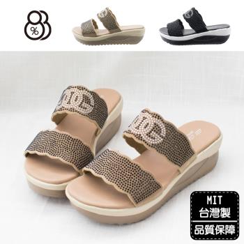 【88%】MIT台灣製 拖鞋 涼拖鞋 水鑽點綴絨質雙寬帶楔型前3cm跟5cm懶人鞋