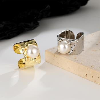 【ANGEL】法式珍珠優雅寬版開口彈性戒指(2色可選)