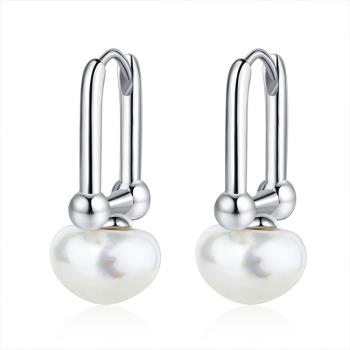 【ANGEL】珍珠耳扣橢圓個性設計耳環(銀色)