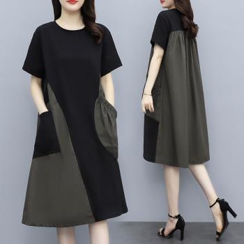 A3 寬鬆造型口袋短袖洋裝(黑綠/黑咖)-預購