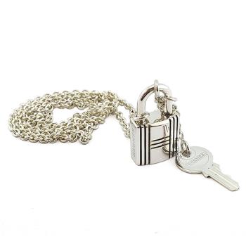 九成新展示品--HERMES 925純銀-Cadenas經典鎖頭與鑰匙造型墜飾女用頸鍊項鍊