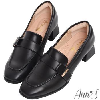 Ann’S金屬感性面-側邊小金條方頭粗跟樂福鞋4cm - 黑(版型偏小)