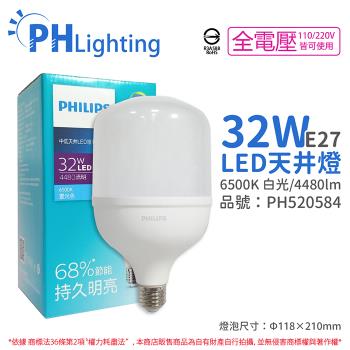 2入 【PHILIPS飛利浦】 LED HID HB 32W E27 865 白光 全電壓 中低天井燈專用燈泡 PH520584
