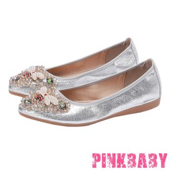 【PINKBABY】平底鞋 蛋捲鞋/小尖頭可愛小蜜蜂亮片水鑽造型軟底蛋捲鞋 平底鞋 銀