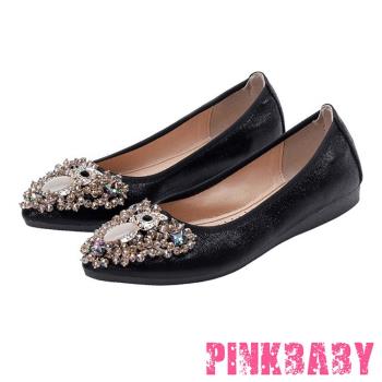 【PINKBABY】平底鞋 蛋捲鞋/小尖頭美鑽寶石貓頭鷹造型軟底平底鞋 蛋捲鞋 黑