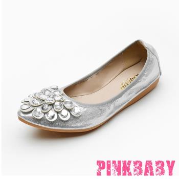 【PINKBABY】平底鞋 蛋捲鞋/小尖頭閃耀寶石孔雀花造型軟底平底鞋 蛋捲鞋 銀