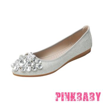 【PINKBABY】平底鞋 尖頭平底鞋/小尖頭亮絲布美鑽花朵造型軟底平底鞋 銀