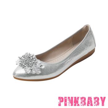 【PINKBABY】平底鞋 蛋捲鞋/小尖頭水晶珠串墜造型軟底平底鞋 蛋捲鞋 銀
