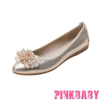 【PINKBABY】平底鞋 蛋捲鞋/小尖頭水晶珠串墜造型軟底平底鞋 蛋捲鞋 金