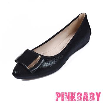 【PINKBABY】平底鞋 尖頭平底鞋/小尖頭氣質包釦造型軟底平底鞋 黑
