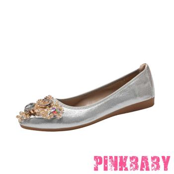 【PINKBABY】平底鞋 蛋捲鞋/小尖頭優雅閃鑽天鵝造型軟底平底鞋 蛋捲鞋 銀