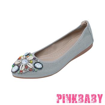 【PINKBABY】平底鞋 蛋捲鞋/小尖頭民族風串珠造型軟底平底鞋 蛋捲鞋 銀