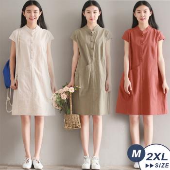 【LANNI 藍尼】現+預 氣質清新寬鬆棉麻素色連身裙(春夏/長版上衣/修身款式)