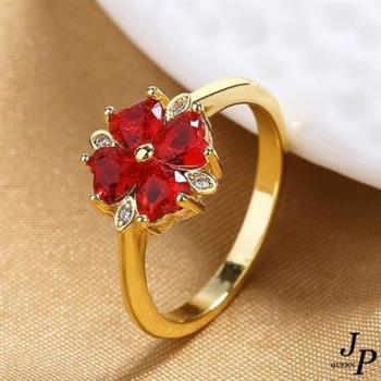 【Jpqueen】艷麗愛心鋯石幸運草女士戒指(紅色)