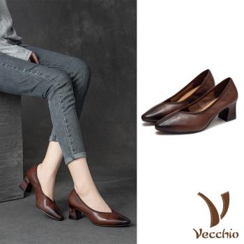 【VECCHIO】跟鞋 高跟鞋/全真皮頭層牛皮復古擦色優雅尖頭V口高跟鞋 棕