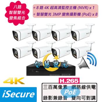 iSecure_八路智慧雙光變焦監視器組合:一部八路4K超高清網路型監控主機 (NVR)+八部智慧雙光3MP五倍變焦子彈型網路攝影機 (PoE)