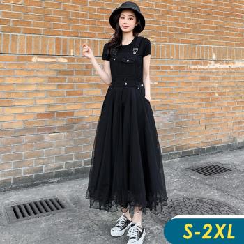 【CHACO】/現+預購/ 韓系減齡吊帶牛仔黑色質感網紗連身裙#9607bk(偏小版)
