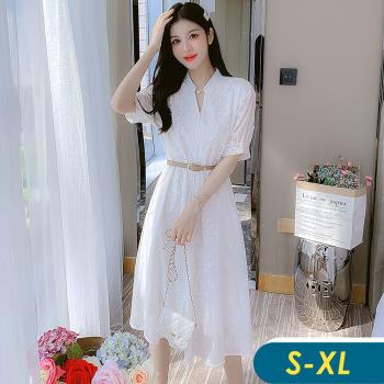 【CHACO】/預購/ 韓系法式優雅V領花朵蕾絲收腰短袖質感白色連身裙+腰帶#8091
