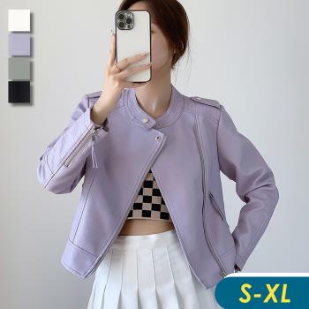 【CHACO】/現+預購/韓系時尚質感小立領斜拉鏈短版皮衣夾克外套#PY2163