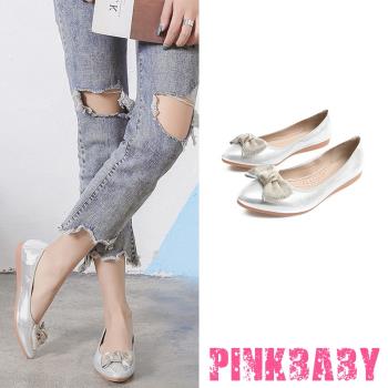【PINKBABY】平底鞋 蛋捲鞋/小尖頭金線蝴蝶結造型軟底平底鞋 蛋捲鞋 銀