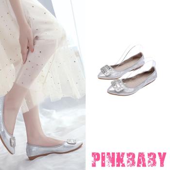 【PINKBABY】平底鞋 蛋捲鞋/小尖頭貼鑽方釦造型軟底平底鞋 蛋捲鞋 銀