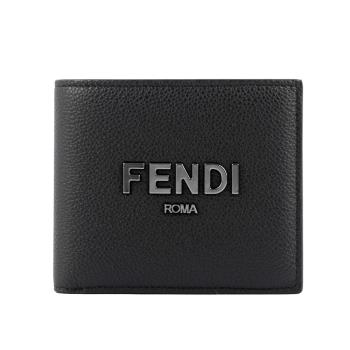 FENDI 金屬Logo 紋理皮革對開8卡短夾(黑色) 7M0169 ALA8 F1Z35