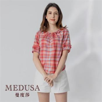 現貨【MEDUSA 曼度莎】台灣製 粉紅野餐風格紋上衣（M-2L）｜女上衣 女短袖上衣 加大尺碼
