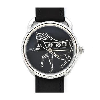 Hermes 愛馬仕 Arceau Horse Swift 小牛皮鉚釘裝飾腕錶(黑/36mm)