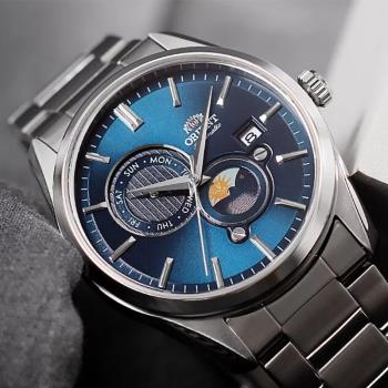 【ORIENT】東方錶 RA-AK0308L 日月相錶 藍寶石鏡面 鋼錶帶 機械男錶 藍/銀 41.5mm