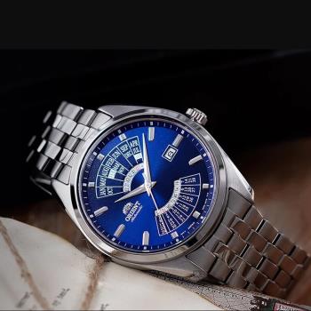 【ORIENT】東方錶 RA-BA0003L 日期星期顯示 萬年曆 鋼錶帶 機械男錶 藍/銀 43.5mm