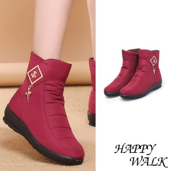 【HAPPY WALK】雪靴 防水雪靴/輕量時尚吊墜扣飾雙層防水防滑加厚保暖雪靴 紅