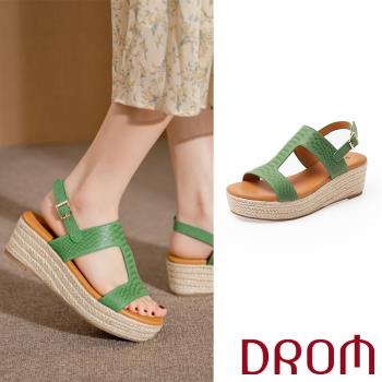 【DROM】涼鞋 厚底涼鞋 /歐美復古時尚工字皮紋草編坡跟厚底涼鞋 綠