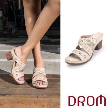 【DROM】拖鞋 高跟拖鞋/舒適寬楦縷空刻花一字交叉造型高跟拖鞋 米
