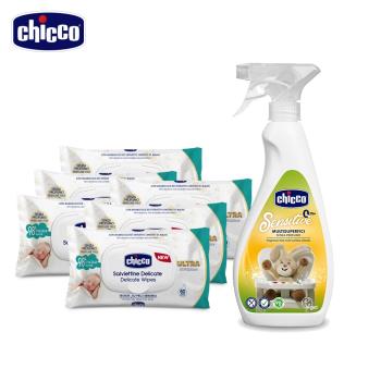 chicco-多功能抗菌清潔噴霧+超純淨潔膚柔濕巾(60抽)x6