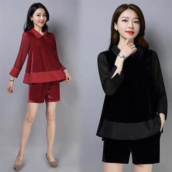 【韓國K.W.】Sale(現貨)3XL-5XL襯衫立領雪紡拼薄絨二件式套裝