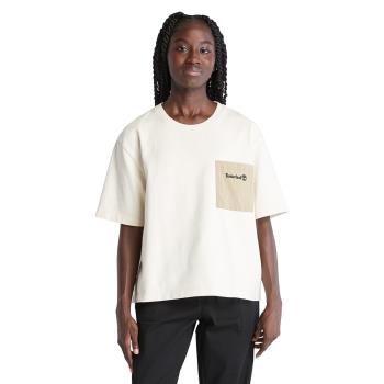 任-Timberland 女款復古白拼接口袋寬鬆短版短袖T恤A6AASCM9