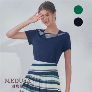 現貨【MEDUSA 曼度莎】鑽飾寬領嫘縈腰線上衣 - 2色（M-XL）｜女上衣 女短袖上衣