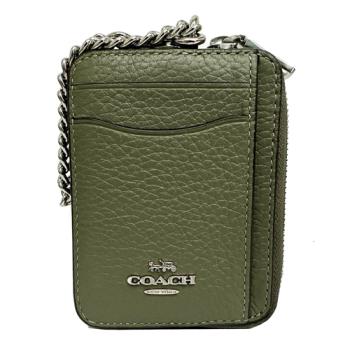 【COACH】素面牛皮名片卡夾鏈帶零錢包(鼠尾草綠)