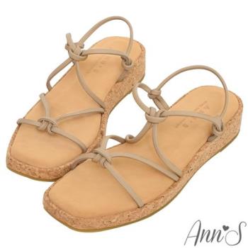 Ann’S水洗牛皮-3.5cm小心機厚底！「柔軟皮革雙層扭結包」軟木方頭涼鞋-棕