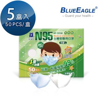 【藍鷹牌】N95立體型6-10歲兒童醫用口罩 (藍天藍/白雲白) 50片x5盒