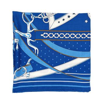 Hermes 喀什米爾混絲圖騰披巾/大方巾-140(藍/白)