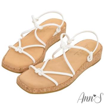 Ann’S水洗牛皮-3.5cm小心機厚底！「柔軟皮革雙層扭結包」軟木方頭涼鞋-白
