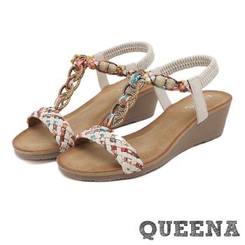 【QUEENA】涼鞋 坡跟涼鞋/波西米亞民族風編織串珠T字坡跟涼鞋 杏