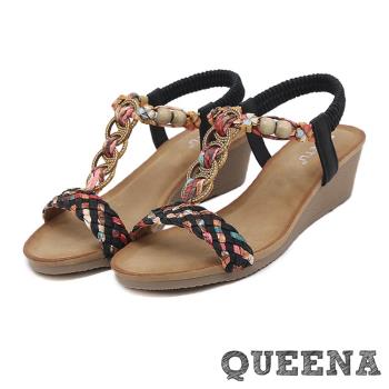 【QUEENA】涼鞋 坡跟涼鞋/波西米亞民族風編織串珠T字坡跟涼鞋 黑