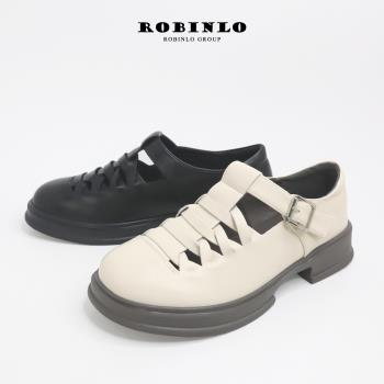 Robinlo編織T字古典氣質厚底瑪莉珍鞋DENZEL-法式黑/典雅白