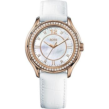 Hugo Boss 美麗翹佳人珍珠晶鑽腕錶-白/玫塊金框H1502265