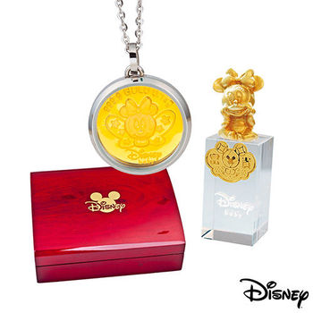 Disney迪士尼金飾 純真蝴蝶美妮黃金/白鋼項鍊+美妮水晶印章木盒