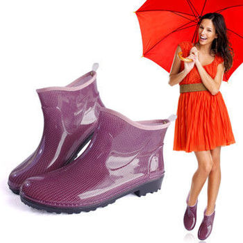 一體成型時尚短筒雨靴/雨鞋(紫點點)