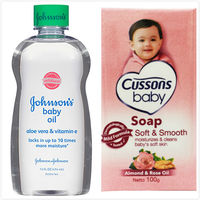【美國 Johnsons 嬌生】嬰兒潤膚油--蘆薈清爽(14oz/414ml)*3+CUSSONS佳霜嬰兒香皂(100g)粉紅*36
